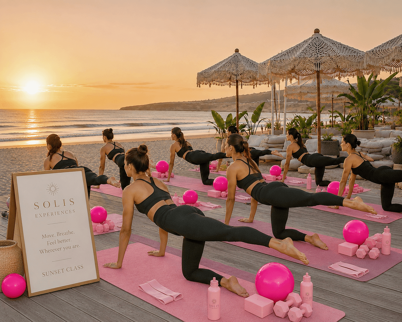 SOLIS sunset class on pink mats at a beach club