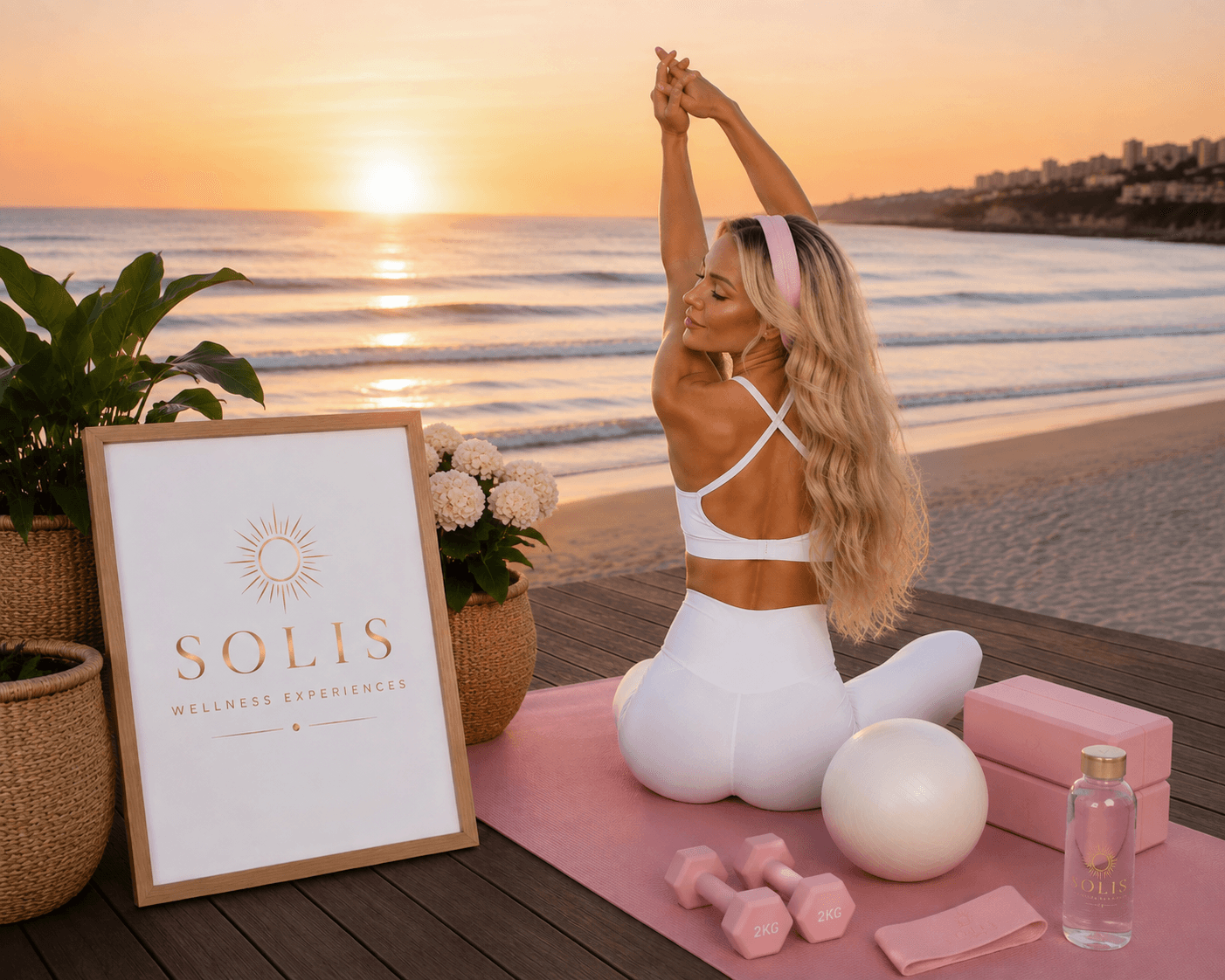 SOLIS instructor stretching beside the ocean with pink wellness equipment