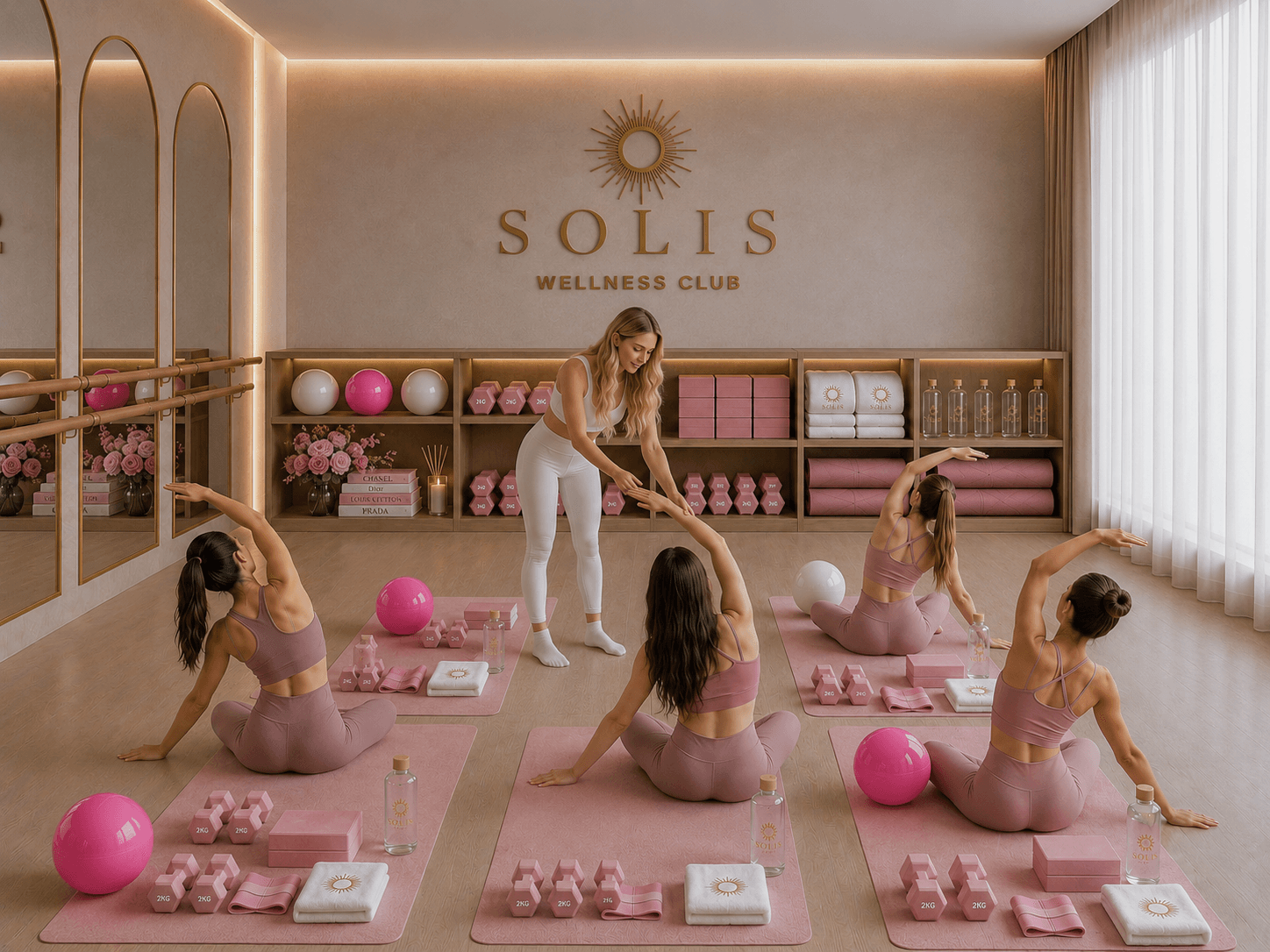 Women stretching together in the pink SOLIS wellness studio