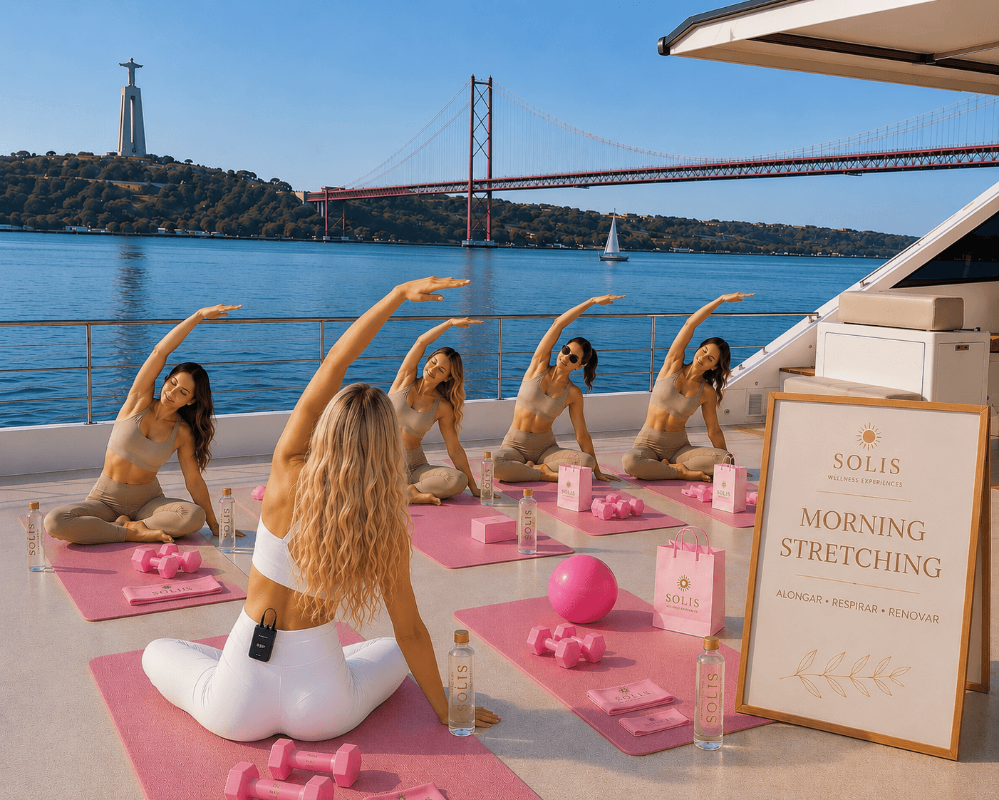 SOLIS morning stretching community aboard a yacht in Lisbon