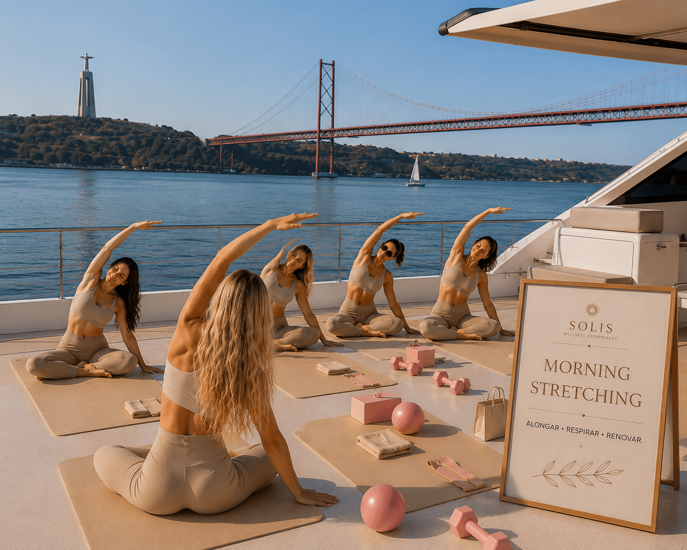 Morning stretching experience aboard a yacht in Lisbon with the 25 de Abril Bridge behind