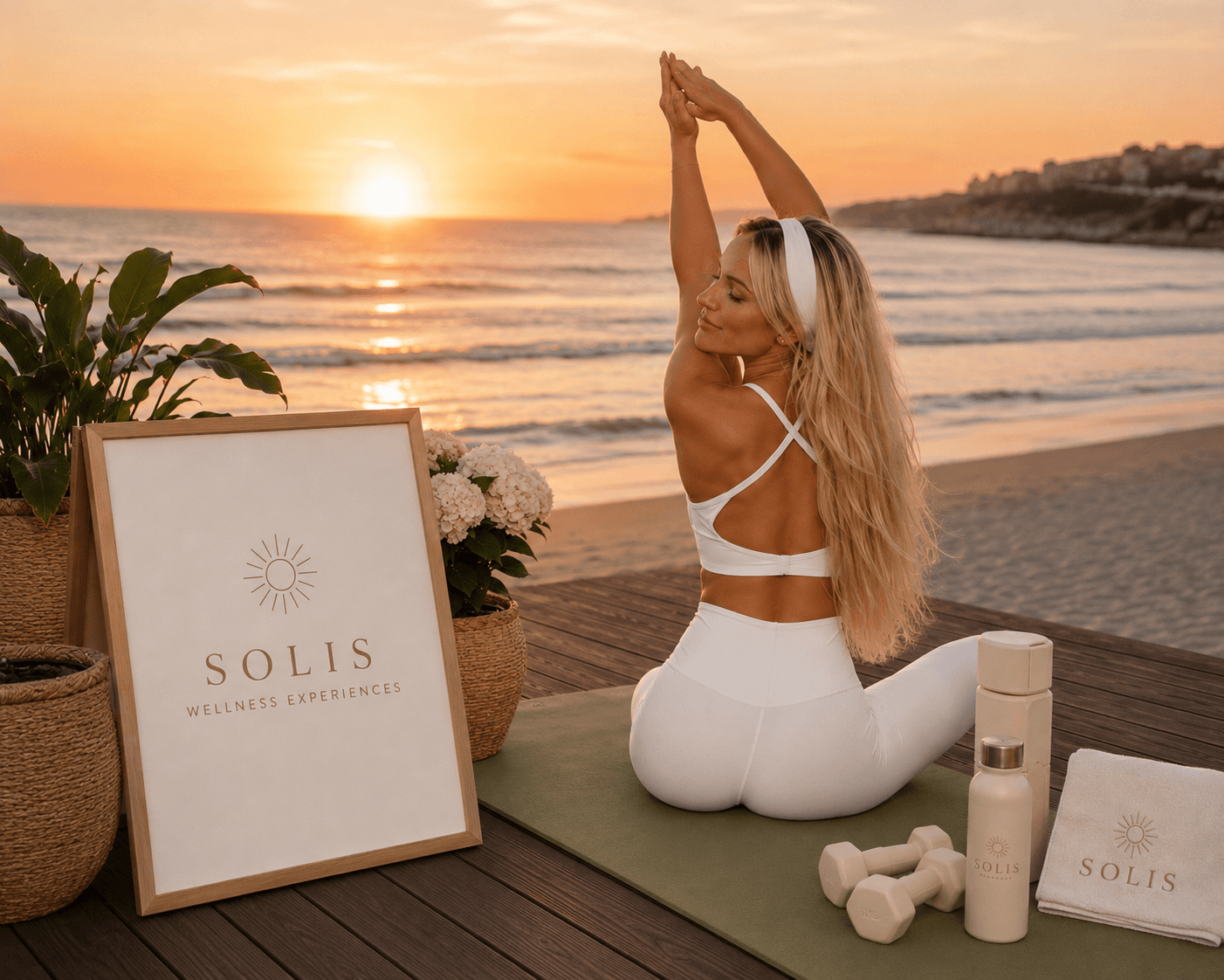 Private sunset stretching experience on a beach deck with SOLIS styling