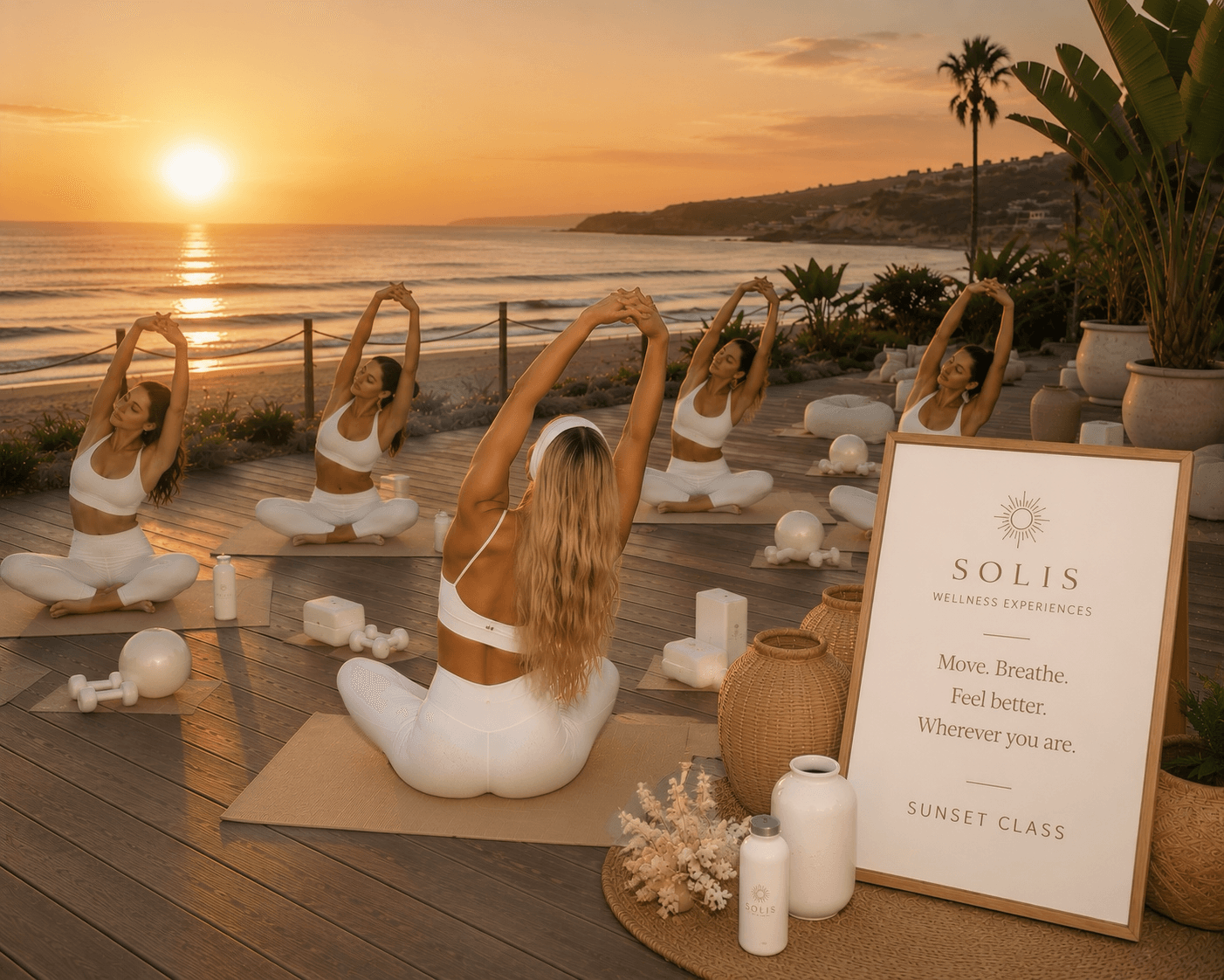 Sunset stretching class on a refined beach deck overlooking the ocean