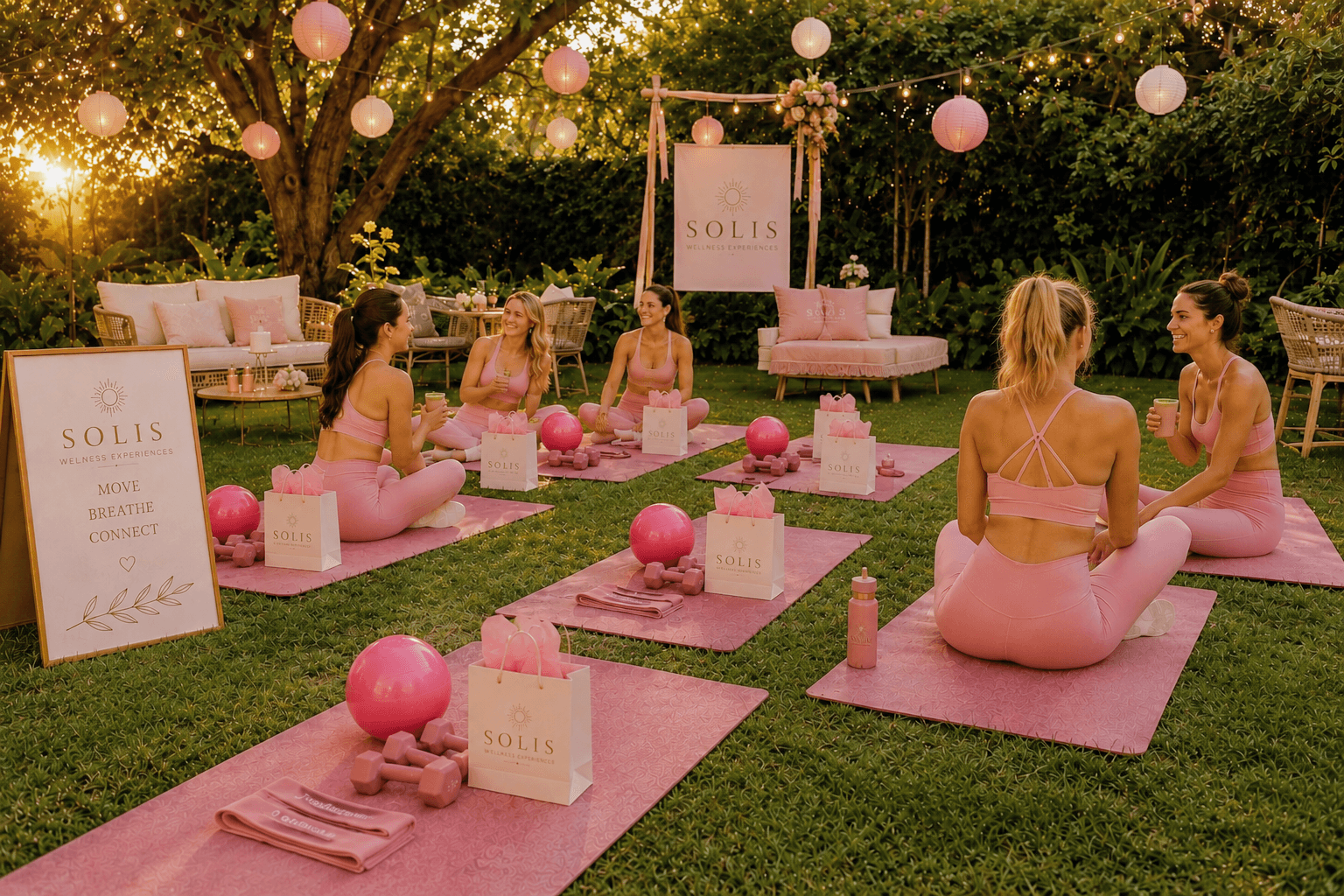 SOLIS wellness gathering in a lantern-lit garden with pink mats and welcome gifts