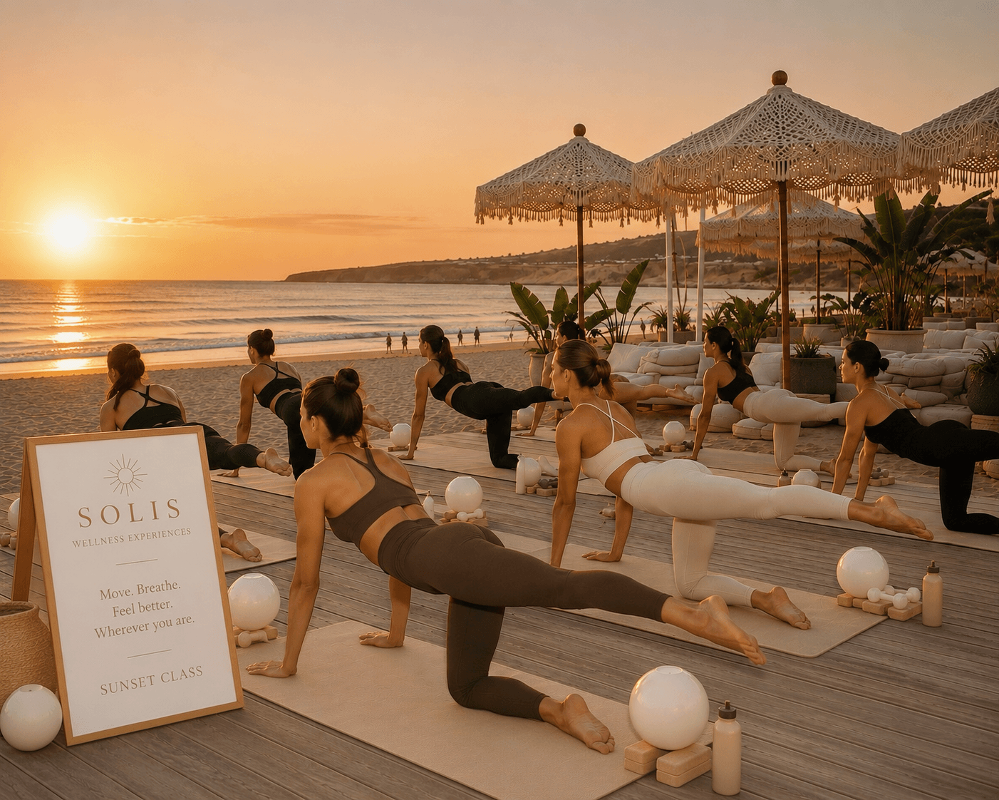 Pilates class at sunset in an elegant beachfront setting