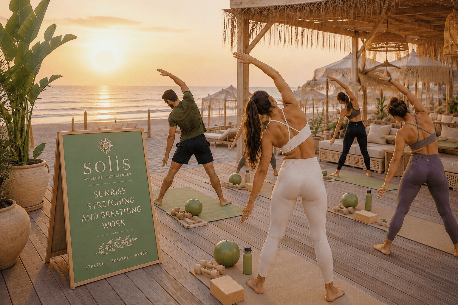 Sunrise stretching and breathwork class at a beach club with green SOLIS equipment