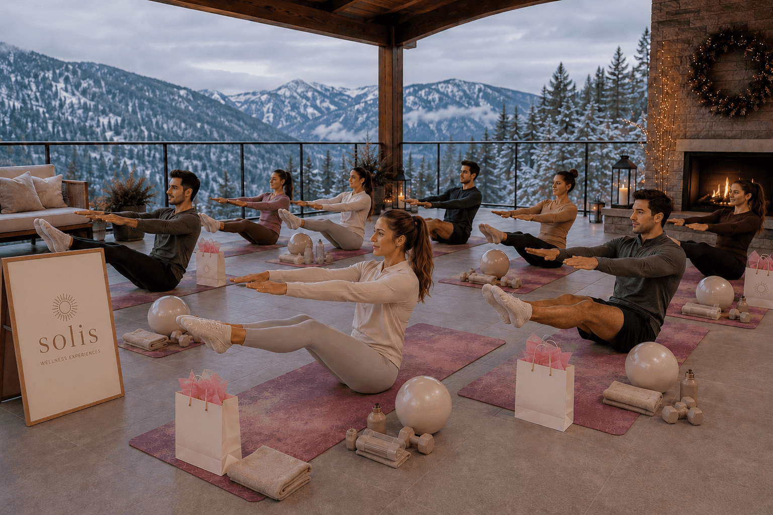 SOLIS Pilates retreat in a mountain lodge overlooking snow-covered peaks