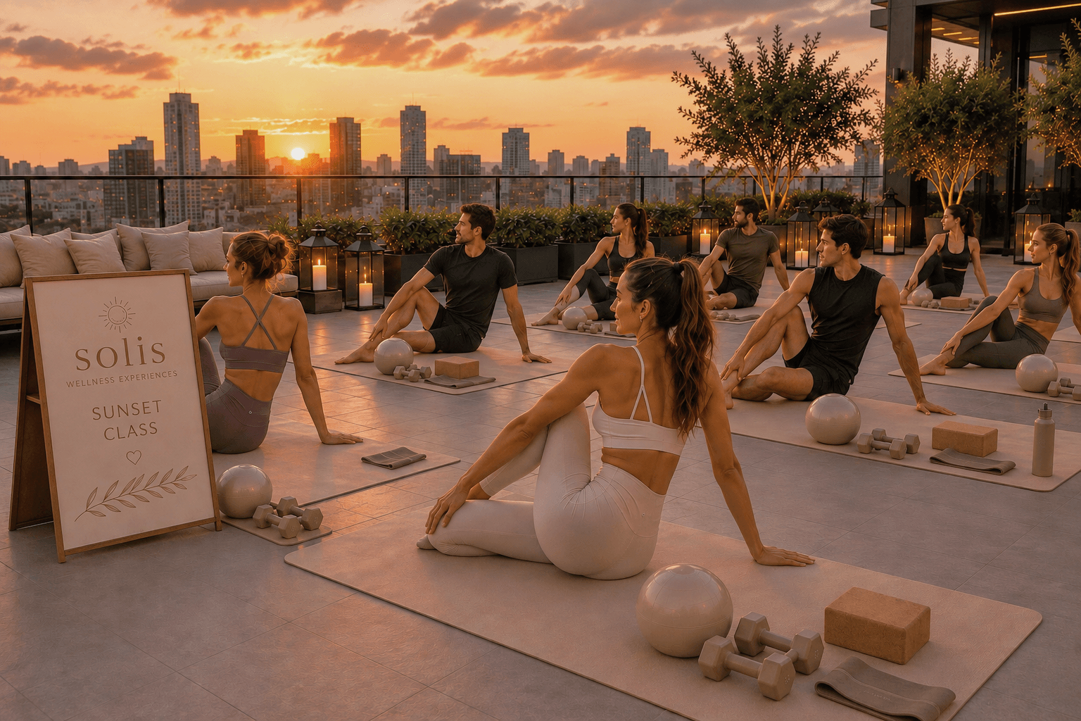 Sunset wellness class on a premium city rooftop