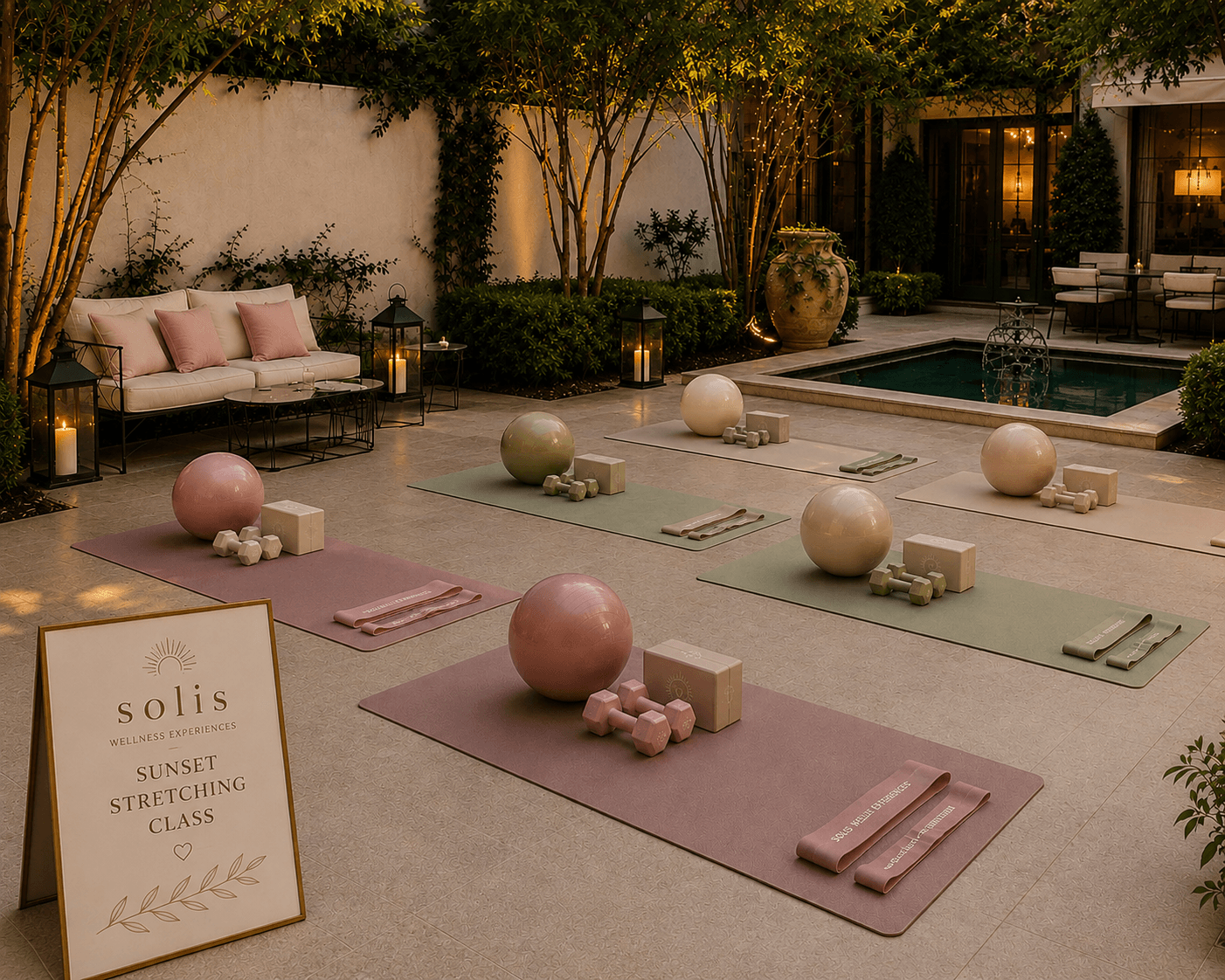 Hotel garden at dusk prepared with refined SOLIS mats and equipment