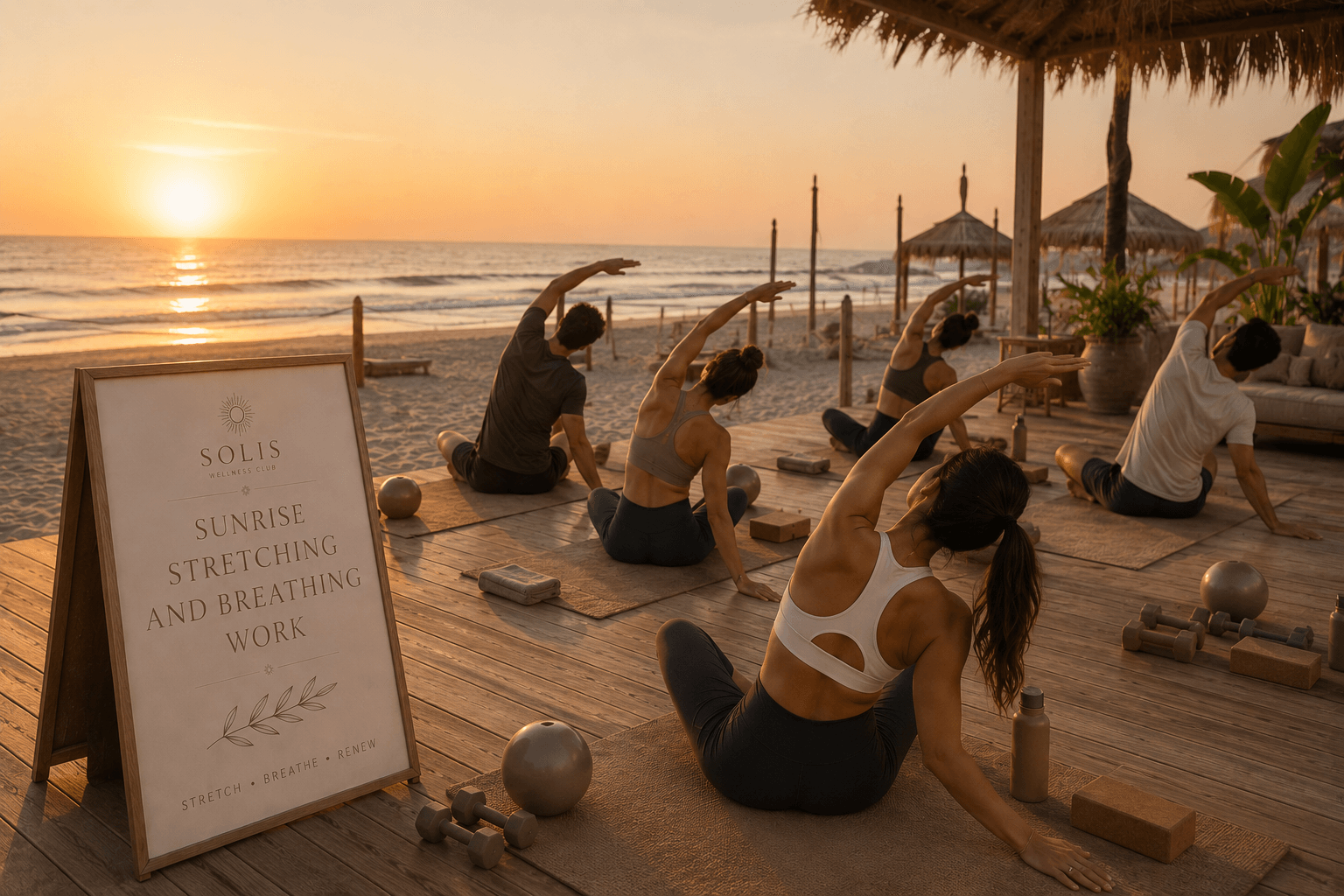 Sunrise stretching and breathwork experience on a beach deck