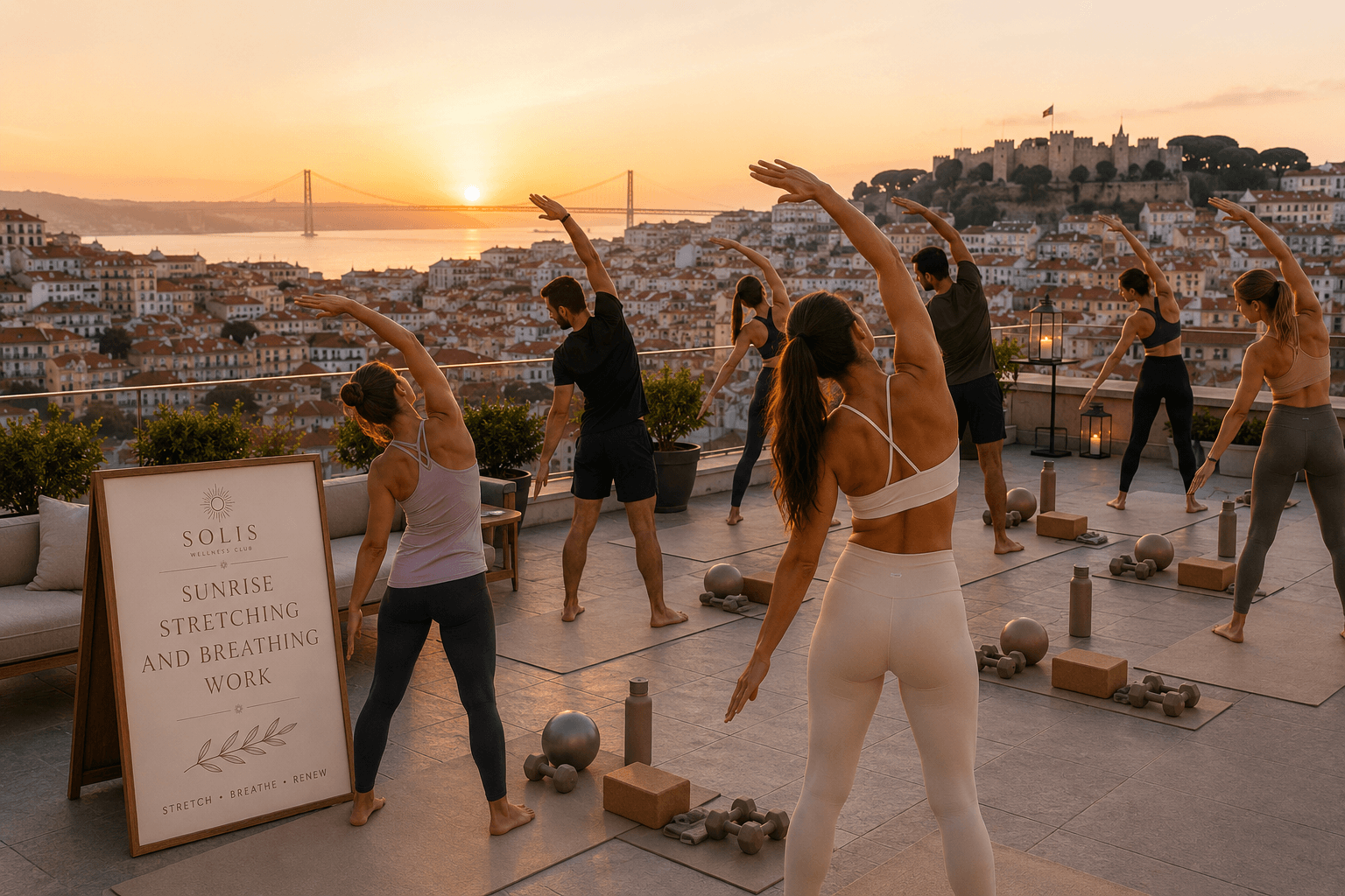 Sunrise stretching experience on a Lisbon rooftop overlooking the Tagus and São Jorge Castle