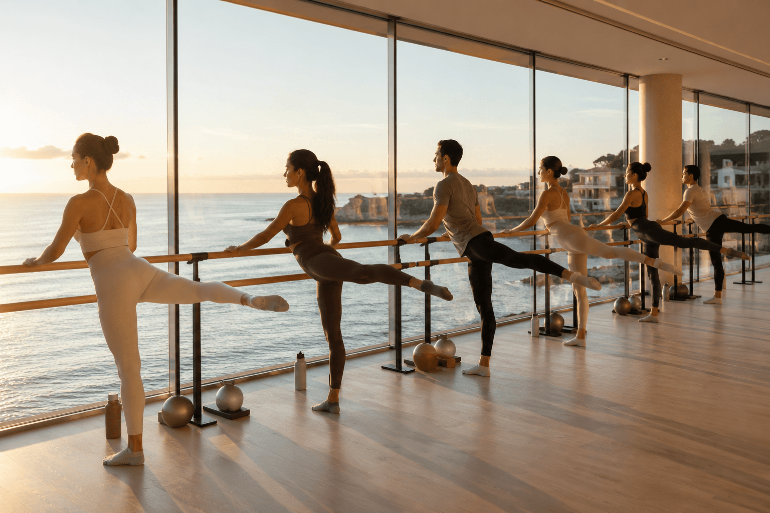 Barre class in a sea-view studio at sunrise