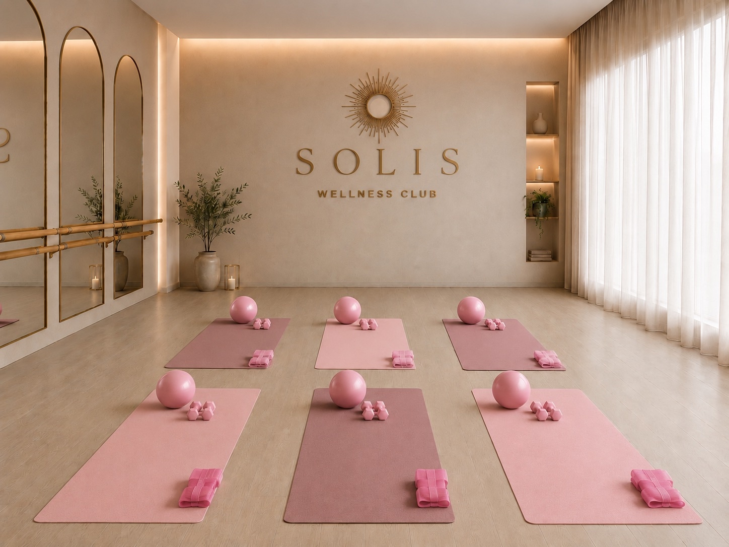 The SOLIS studio with barre and arched mirrors, mats, balls and weights in pink, and the gold logo on the wall