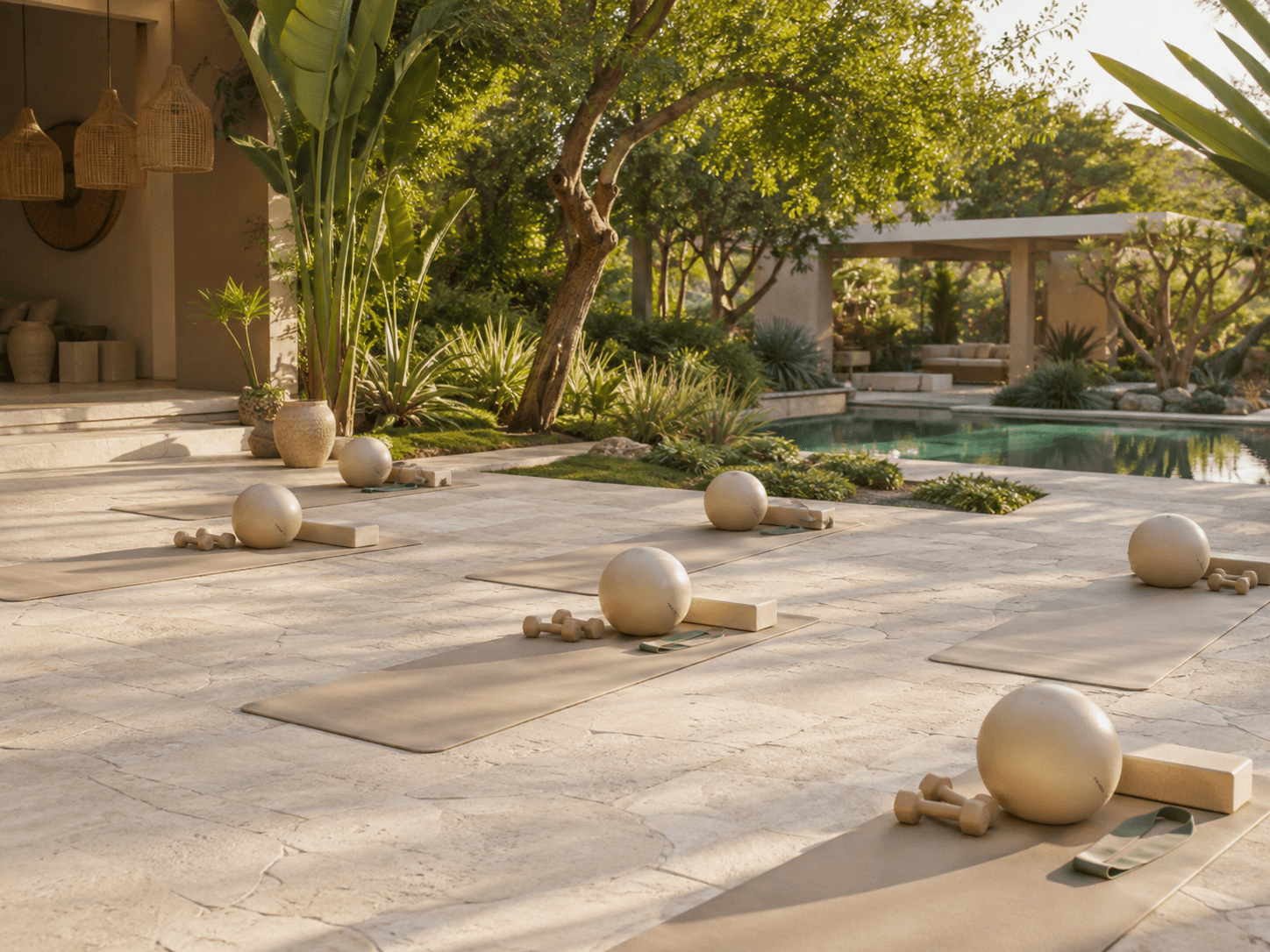 Villa garden by the pool in the morning, with beige SOLIS mats, balls and wooden weights laid out